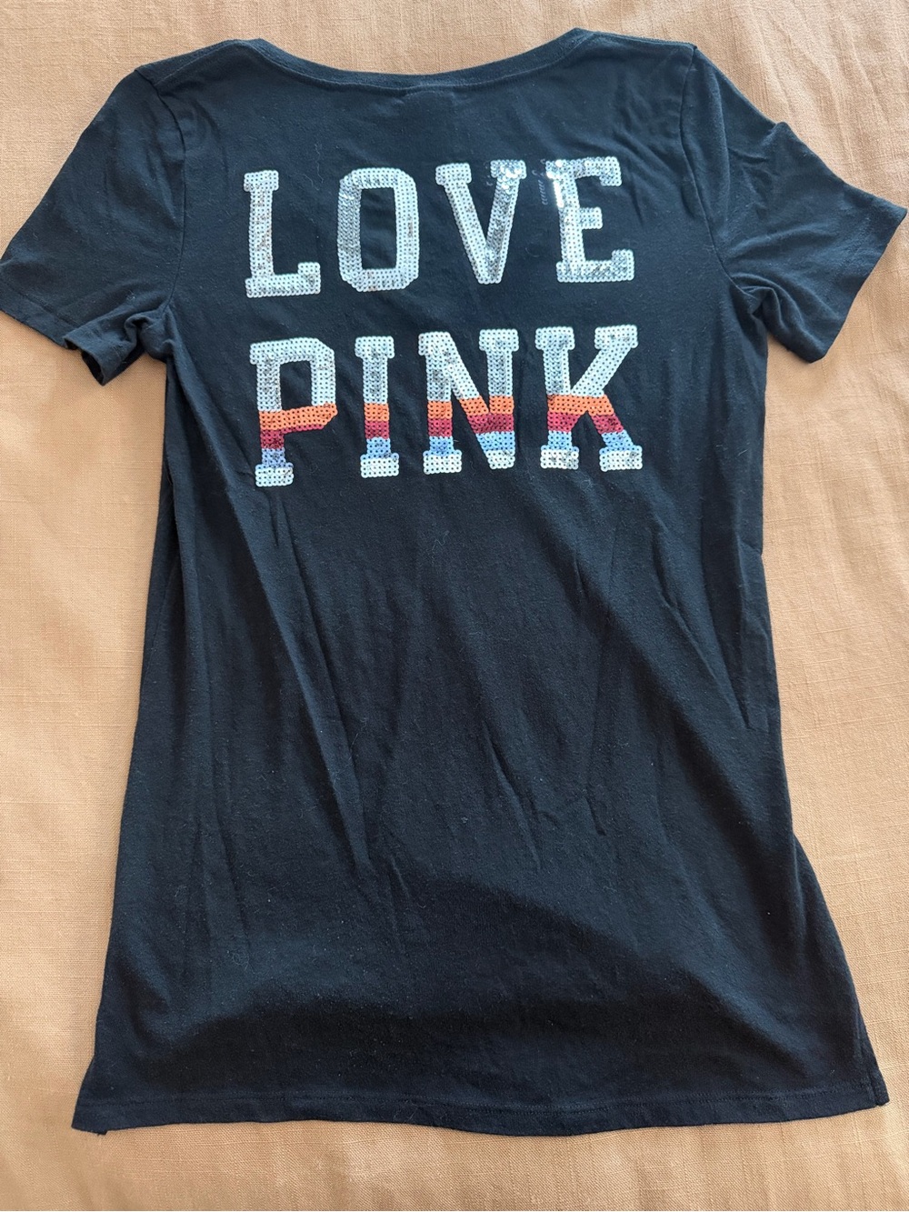 PINK Victoria's Secret Black Tee with Sequin LOVE PINK Logo - XS